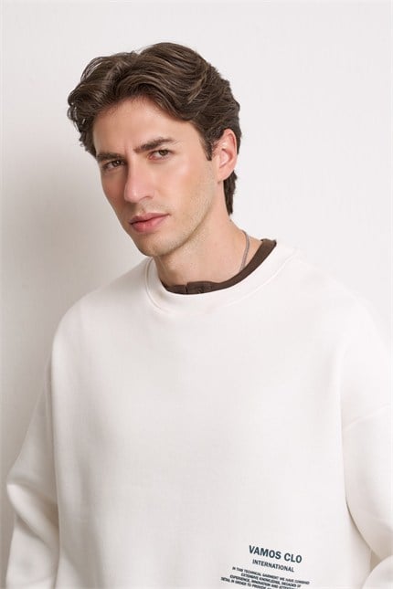 Erkek Boxy Fit Bisiklet Yaka Yıkamalı Baskılı Sweatshirt Ekru