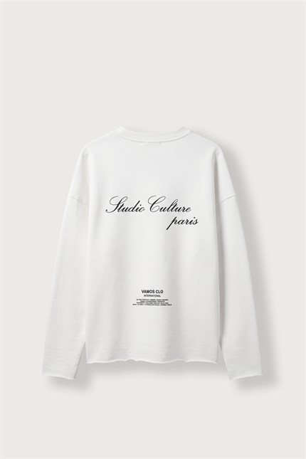 Erkek Boxy Fit Bisiklet Yaka Yıkamalı Baskılı Sweatshirt Ekru