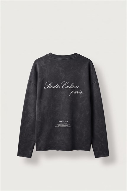 Erkek Boxy Fit Bisiklet Yaka Yıkamalı Baskılı Sweatshirt Siyah
