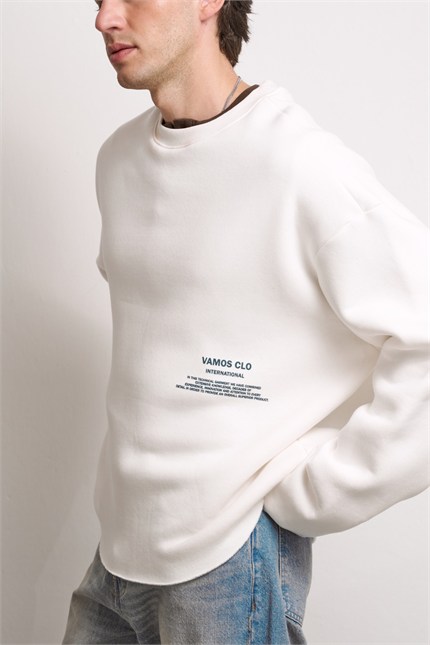 Erkek Boxy Fit Bisiklet Yaka Yıkamalı Baskılı Sweatshirt Ekru