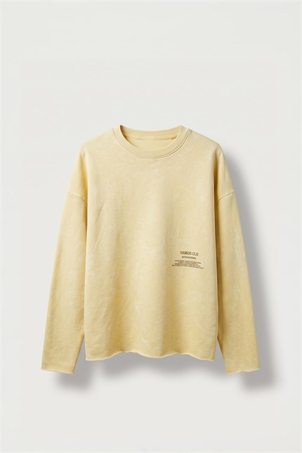 Erkek Boxy Fit Bisiklet Yaka Yıkamalı Baskılı Sweatshirt Sarı