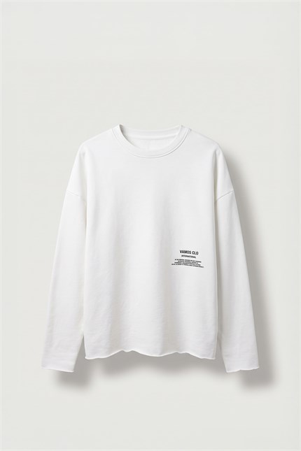 Erkek Boxy Fit Bisiklet Yaka Yıkamalı Baskılı Sweatshirt Ekru