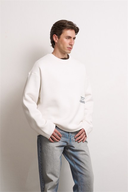 Erkek Boxy Fit Bisiklet Yaka Yıkamalı Baskılı Sweatshirt Ekru