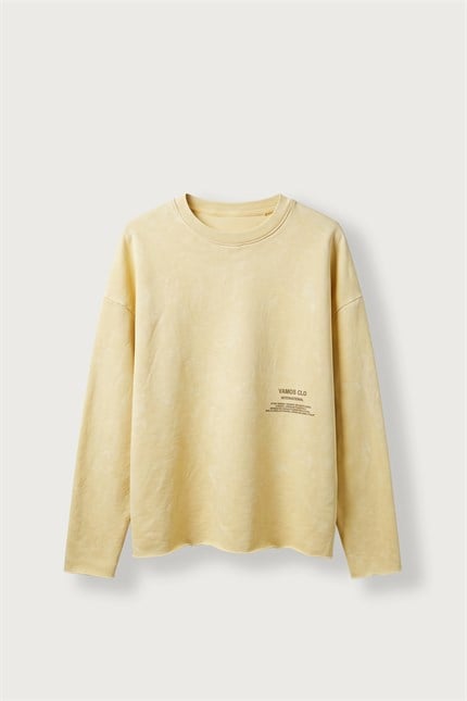 Erkek Boxy Fit Bisiklet Yaka Yıkamalı Baskılı Sweatshirt Sarı