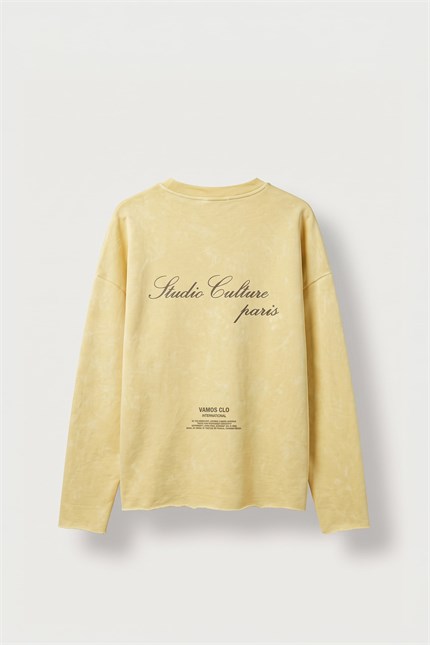 Erkek Boxy Fit Bisiklet Yaka Yıkamalı Baskılı Sweatshirt Sarı