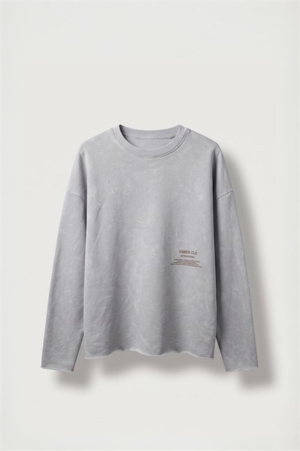Erkek Boxy Fit Bisiklet Yaka Yıkamalı Baskılı Sweatshirt Bebek Mavi