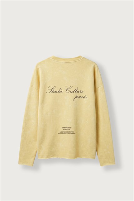Erkek Boxy Fit Bisiklet Yaka Yıkamalı Baskılı Sweatshirt Sarı