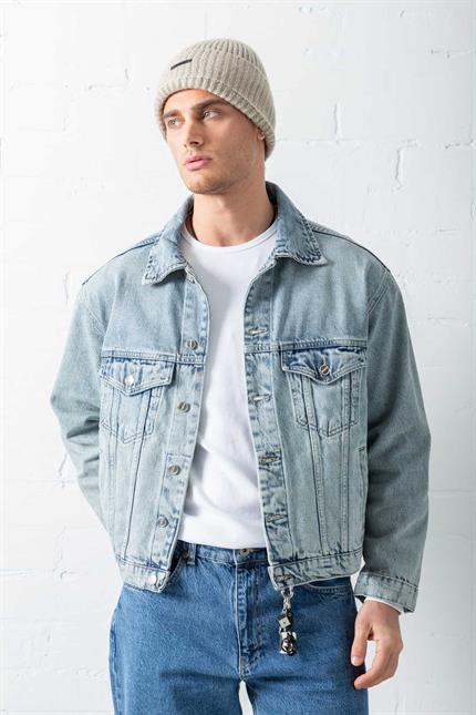 Erkek Boxy Fit Denim Ceket Mavi