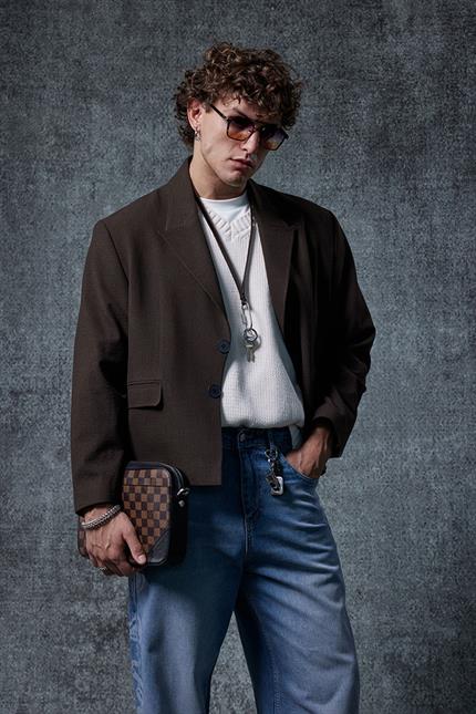 Erkek Boxy Fit Düğmeli Blazer Ceket Kahverengi