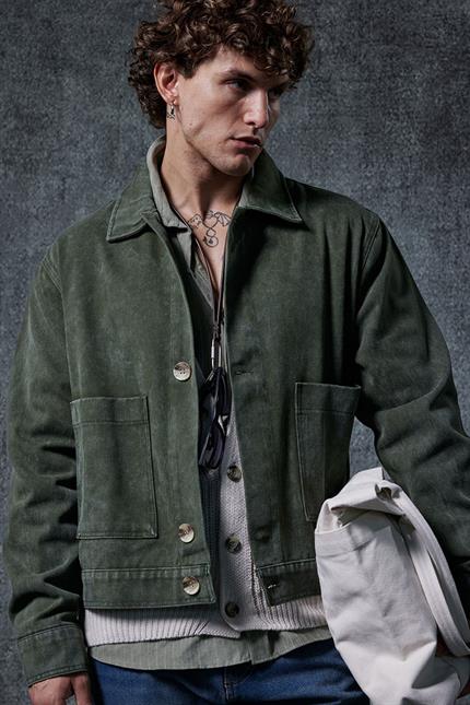 Erkek Boxy Fit Düğmeli Cepli Ceket Haki Yeşil