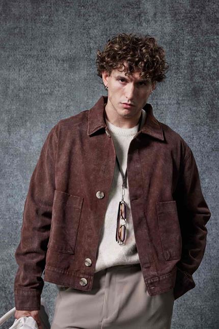 Erkek Boxy Fit Düğmeli Cepli Ceket Kahverengi