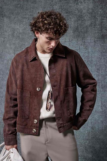 Erkek Boxy Fit Düğmeli Cepli Ceket Kahverengi