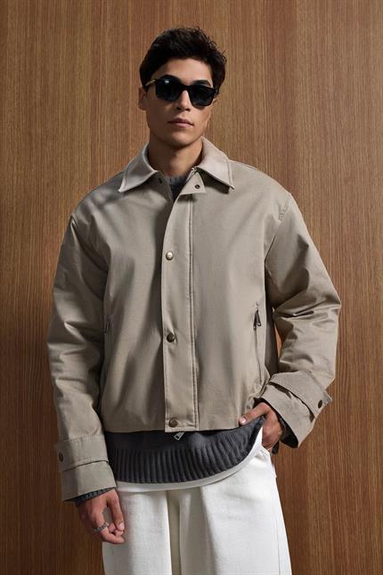 Erkek Relax Fit Kontrast Yaka Ceket Bej