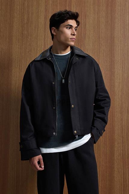 Erkek Relax Fit Kontrast Yaka Ceket Siyah