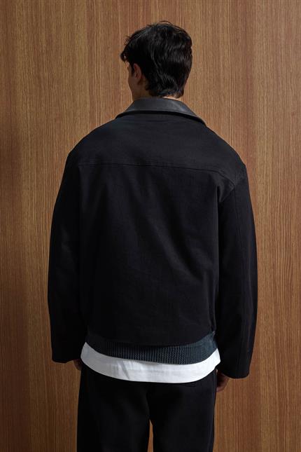 Erkek Relax Fit Kontrast Yaka Ceket Siyah