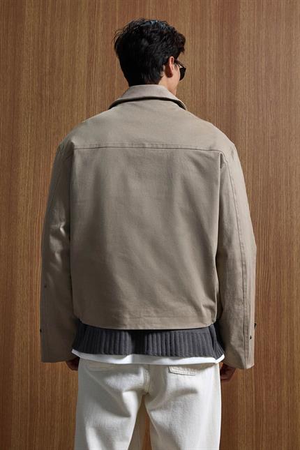 Erkek Relax Fit Kontrast Yaka Ceket Bej