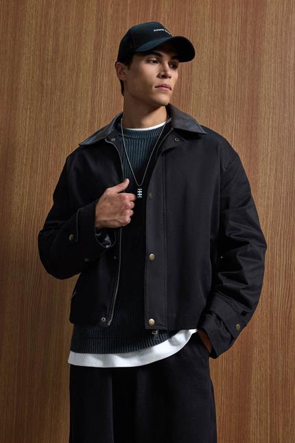 Erkek Relax Fit Kontrast Yaka Ceket Siyah