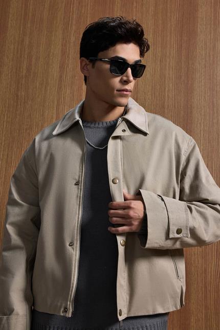 Erkek Relax Fit Kontrast Yaka Ceket Bej