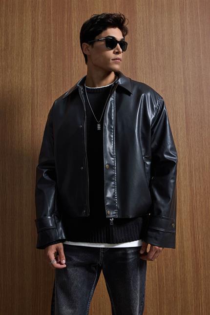 Erkek Boxy Fit Geniş Kesim Premium Deri Ceket Siyah