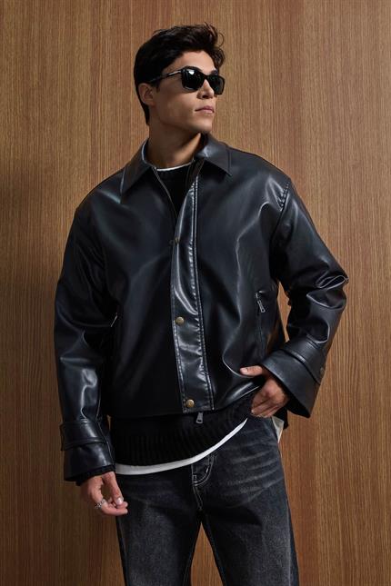Erkek Boxy Fit Geniş Kesim Premium Deri Ceket Siyah