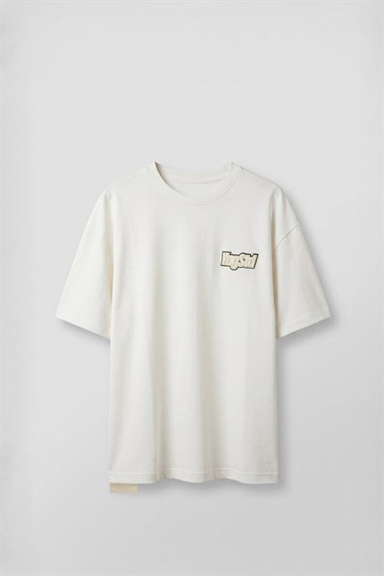 Erkek Boxy Fit Kabartma Nakışlı T-Shirt Ekru