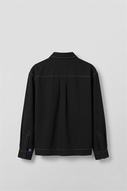 Erkek Boxy Fit Kontrast Dikişli Pamuklu Overshirt Gömlek Siyah