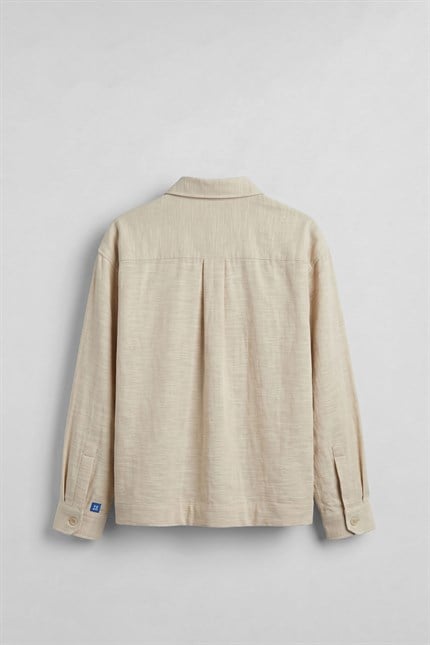 Erkek Boxy Fit Kontrast Dikişli Pamuklu Overshirt Gömlek Ekru
