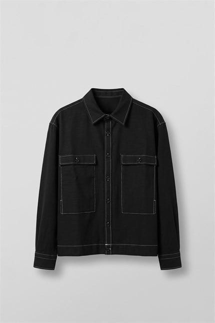 Erkek Boxy Fit Kontrast Dikişli Pamuklu Overshirt Gömlek Siyah