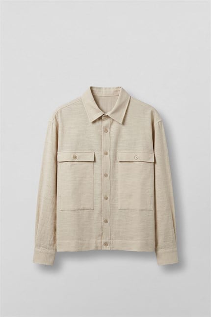Erkek Boxy Fit Kontrast Dikişli Pamuklu Overshirt Gömlek Ekru