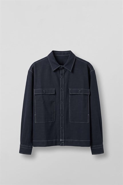 Erkek Boxy Fit Kontrast Dikişli Pamuklu Overshirt Gömlek Lacivert