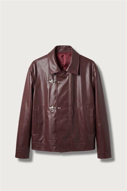 Erkek Boxy Fit Metal Tokalı Deri Ceket Bordo