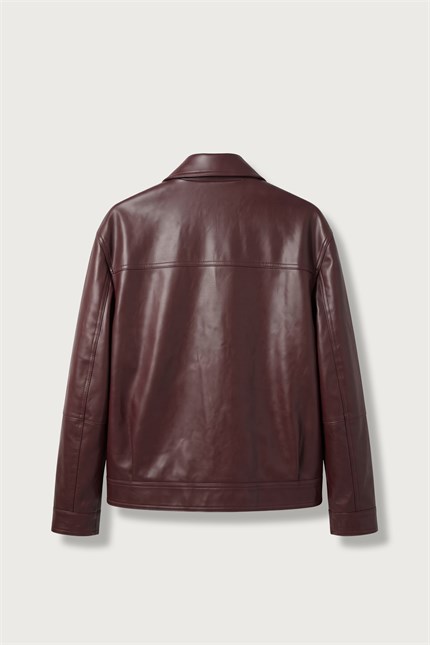 Erkek Boxy Fit Metal Tokalı Deri Ceket Bordo
