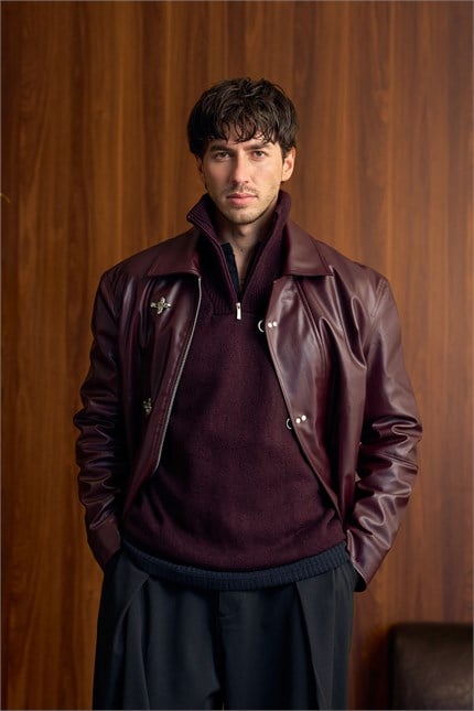 Erkek Boxy Fit Metal Tokalı Deri Ceket Bordo