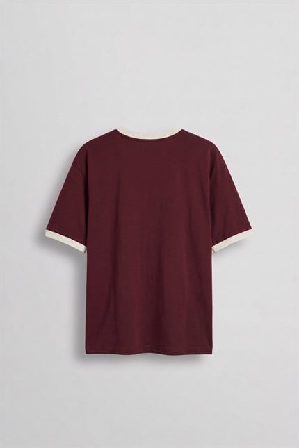 Erkek Boxy Fit Nakış Detaylı Kontrast Yaka T-Shirt Bordo