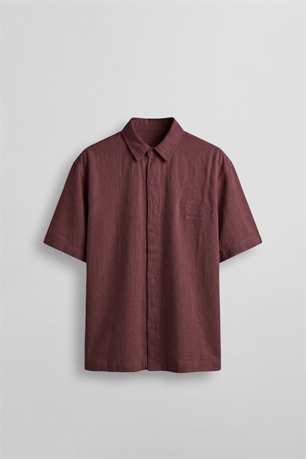Erkek Boxy Fit Nakışlı Kısa Kollu Pamuklu Gömlek Bordo