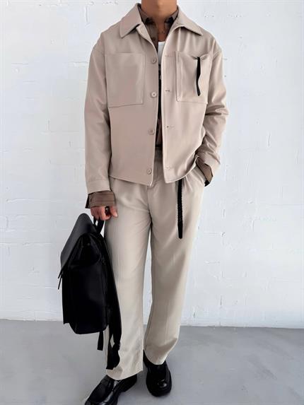 Erkek Boxy Fit Önü Cepli İnce Ceket Bej