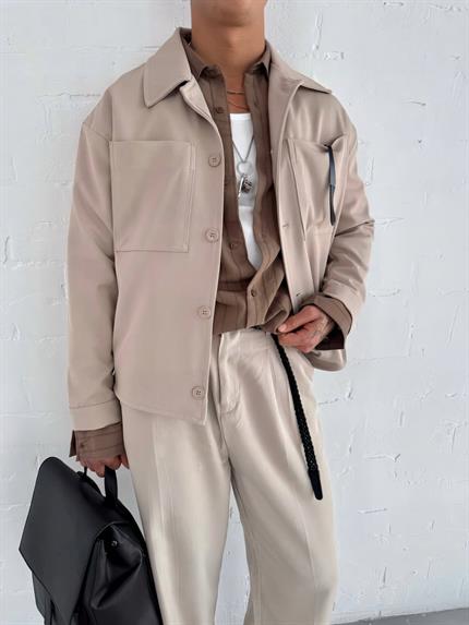 Erkek Boxy Fit Önü Cepli İnce Ceket Bej