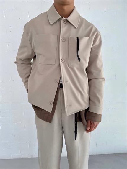 Erkek Boxy Fit Önü Cepli İnce Ceket Bej