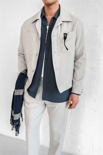 Erkek Boxy Fit Önü Cepli İnce Ceket Gri Melanj