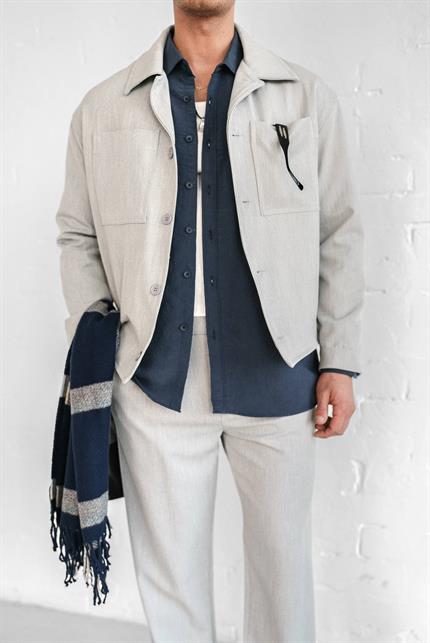 Erkek Boxy Fit Önü Cepli İnce Ceket Gri Melanj