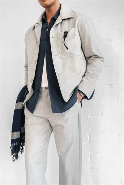 Erkek Boxy Fit Önü Cepli İnce Ceket Gri Melanj