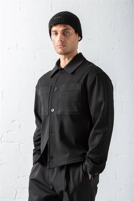 Erkek Boxy Fit Önü Cepli İnce Ceket Siyah