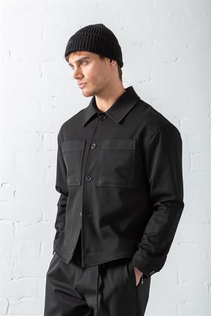 Erkek Boxy Fit Önü Cepli İnce Ceket Siyah