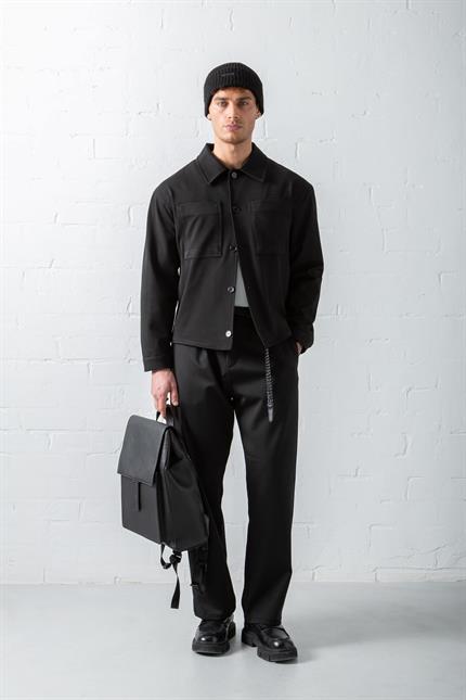 Erkek Boxy Fit Önü Cepli İnce Ceket Siyah