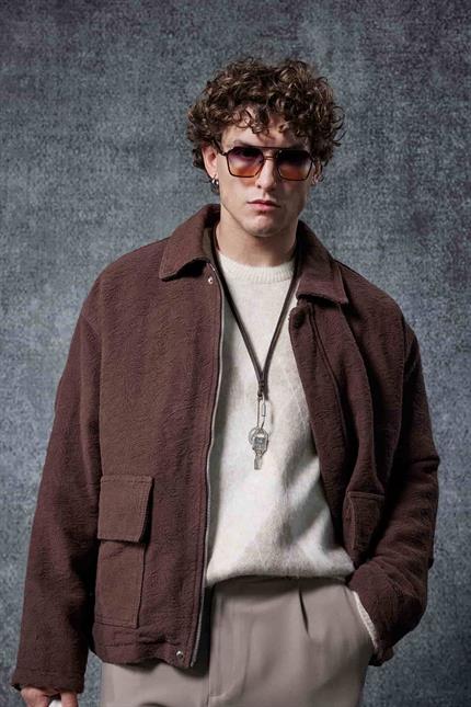 Erkek Boxy Fit Rahat Kesim Desenli Ceket Kahverengi