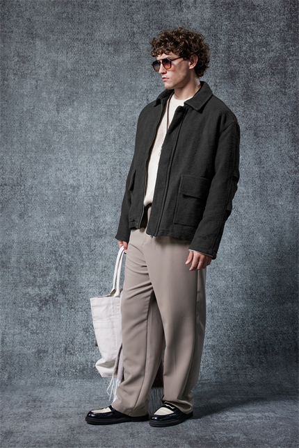 Erkek Boxy Fit Rahat Kesim Desenli Ceket Siyah