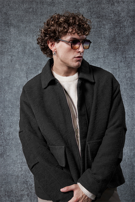 Erkek Boxy Fit Rahat Kesim Desenli Ceket Siyah