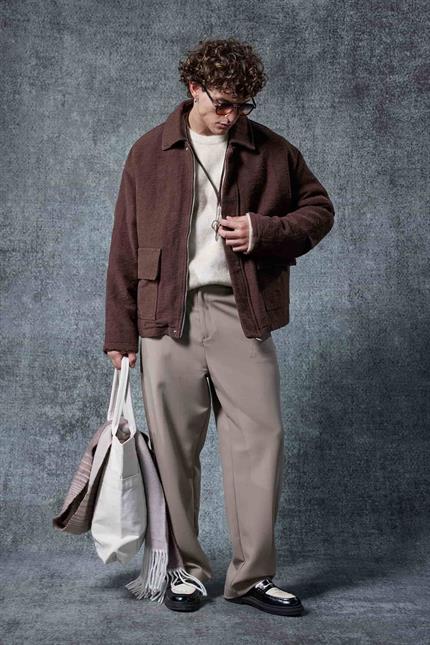 Erkek Boxy Fit Rahat Kesim Desenli Ceket Kahverengi