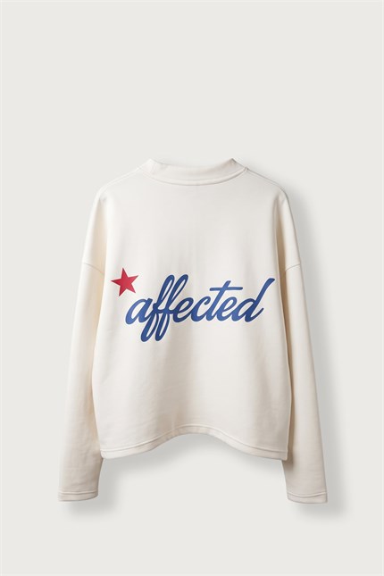 Erkek Boxy Fit Sırt Baskılı Bisiklet Yaka Pamuklu Sweatshirt Ekru