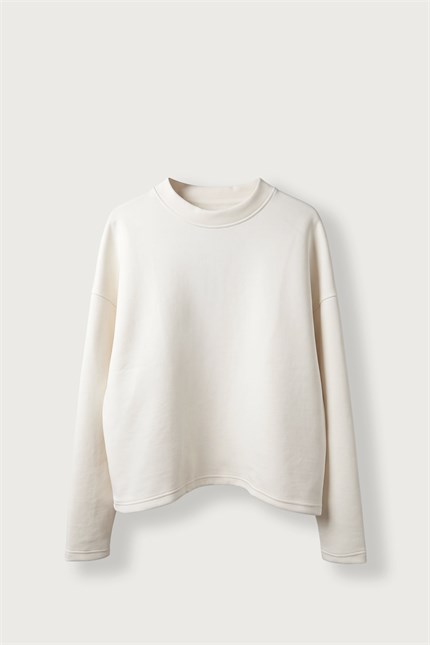Erkek Boxy Fit Sırt Baskılı Bisiklet Yaka Pamuklu Sweatshirt Ekru